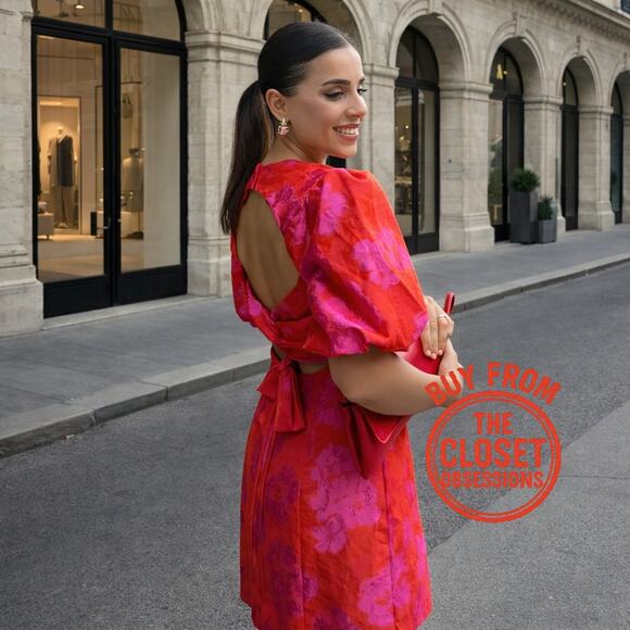 ZARA Open Back Mini Dress Puff Sleeve Fuchsia NWT - Picture 8 of 16